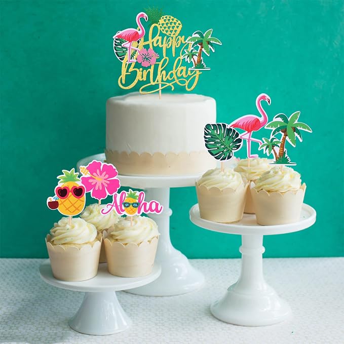 25 PCS Tropical Luau Cupcake Toppers with Happy Birthday Flamingo Cake Topper Palm Tree Flamingo Pineapple Aloha Cupcake Picks Decorations for Hawaiian Luau Theme Birthday Party Supplies