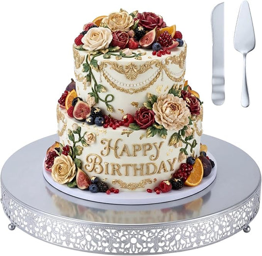 Wenqik 18 Inch Silver Cake Stand Set Metal Round Cupcake Dessert Stand with Cake Cutting, Spatula Wedding Cupcake Pastry Display Candy Holder Display for Wedding Party Birthday Baby Shower(Classic)