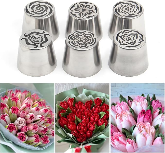 9Pcs Extra Large Russian Piping Tips Set, Stainless Steel Rose Flower Nozzles for Cake Decorating Baking Tools, Includes 6 Extra Large Flower Tips, 2 Leaf Tips, 1 Piping Bag Adapter