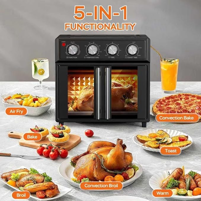 PlumChef 27.5 Quart Air Fryer Convection Toaster Oven, Black | Extra Large, 6 Slices, French Door, 1700W, Multifunction: Air Fryer, Toast, Grill, Defrost, Bake