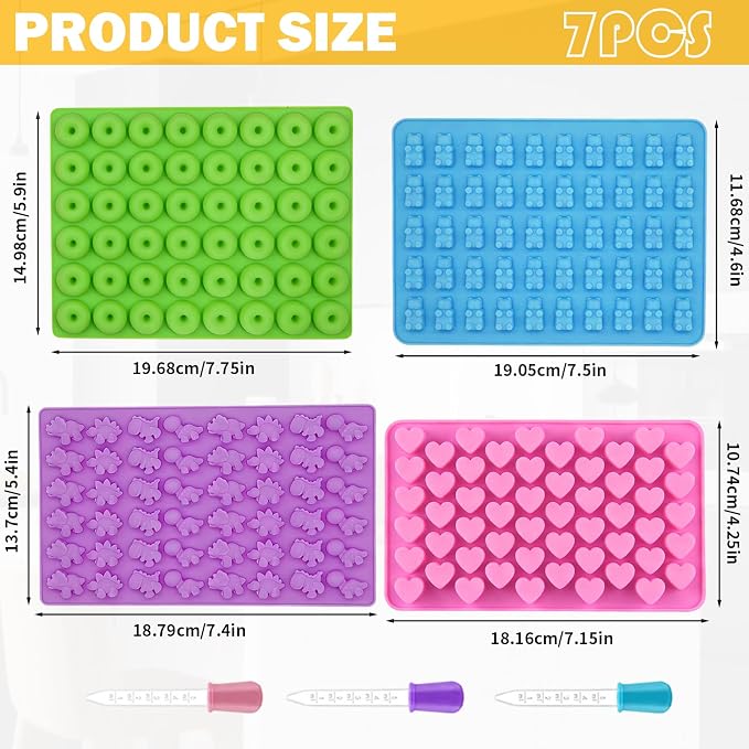 Mini Silicone Molds for Gummies & Chocolate, 4-Pack with 2 Droppers - Dinosaur, Bear, Heart, Donut Shapes - Fun Gummy Bear Molds for Kids, Fruit Snack Molds