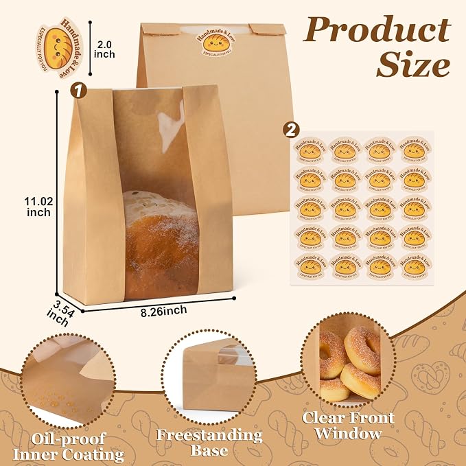 FUNFERY 30 Pcs Sourdough Bread Bags for Home Made Bread Sourdough,Large Paper Bags for Breads Gifting with Window&Cute Stickers,Loaf Bags for Bakery Packaging and Storage,Sourdough Starter Kit