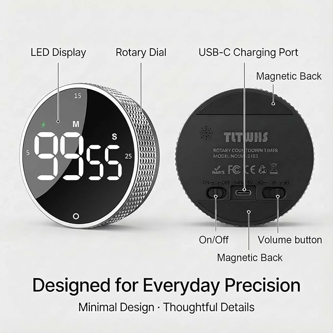 Rechargeable Magnetic Kitchen Timer,LED Countdown/Up Timer, Supports USB-C Charging,with Loud Alarm,3 Preset Quick Times(5/15/25m),Perfect for Kitchen Cooking, Studying, and Fitness (Silver)