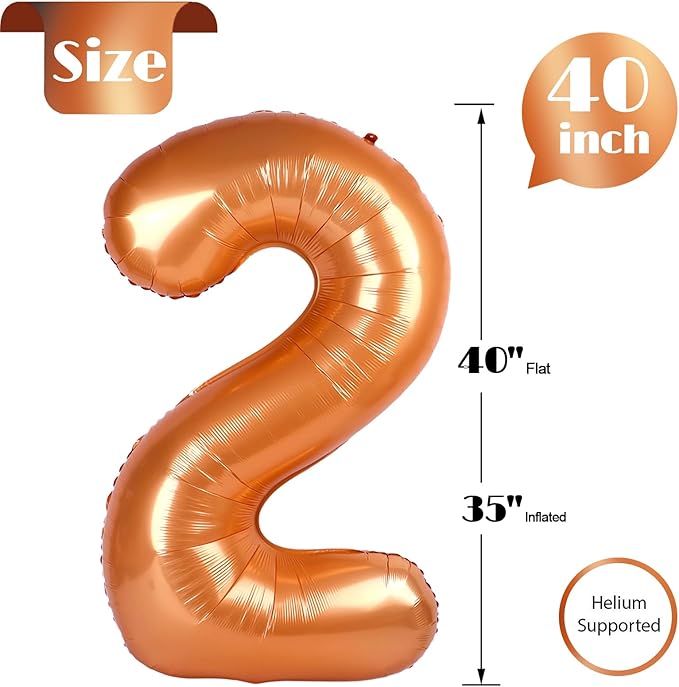 Orange Number 2 Balloon 40 Inch, 2nd Birthday Decoration for Toddlers Girls Boys, Sparkling 2 Number Balloon Party Decor