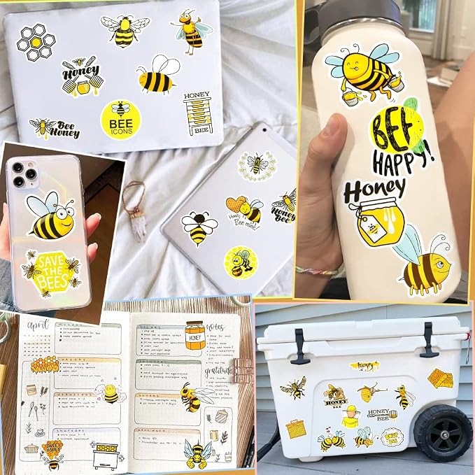 50 Pcs Bee Stickers for Water Bottles, Waterproof Vinyl Cute Honey Bee Stickers for Scrapbook Laptops, Decorative Decals for Kids Girls Boys