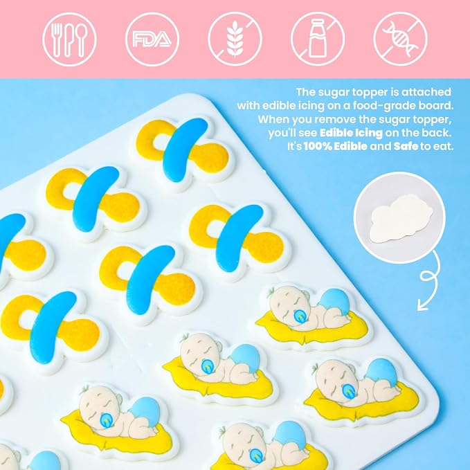 Blue Edible Baby Cake Decorations, Gender Reveal Cupcake Topper Edible, Boy Baby Shower Candy Cookies Chocolates Baking Decor, 16 pcs