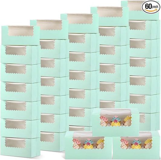 Ireer 60 Pcs 8x4x4 Inch Sage Green Bakery Boxes with Window Cookies Boxes Pumpkin Roll Container Donut Box Pastry Cake Packaging Safe for Wedding Cookies Loaf Muffins Breads Dessert Candies Treat