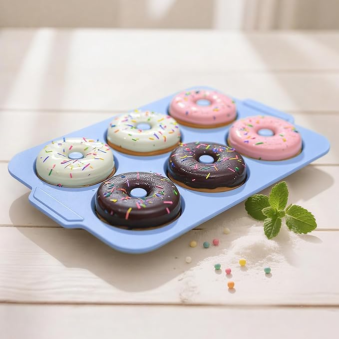Nonstick Silicone Donut Pan: 3.5 Inch Large Donut Mold with Metal Frame - Bagel Doughnut Pan for Baking Gluten Free Glazed Vegan - for Oven Housewife Home Baker Baking Lovers (Blue)