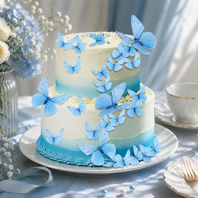 72PCS Edible Butterfly Cake Decorations Edible Butterfly Cake Topper Edibles Blue Paper Butterflies Cupcake Toppers for Wedding Spring Tea Party Flower & Butterflies Themed Birthday Baby Shower