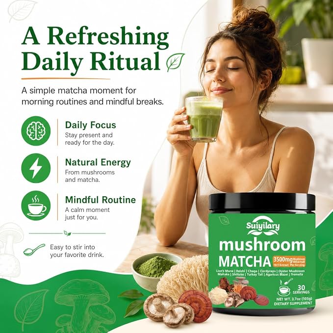 Suiyilary 10 Mushroom Matcha Powder with Lion's Mane, Reishi, Mushroom Polysaccharides & More, Japanese Ceremonial Matcha for Focus, Energy, Immunity Boost, Memory - 30 Serving