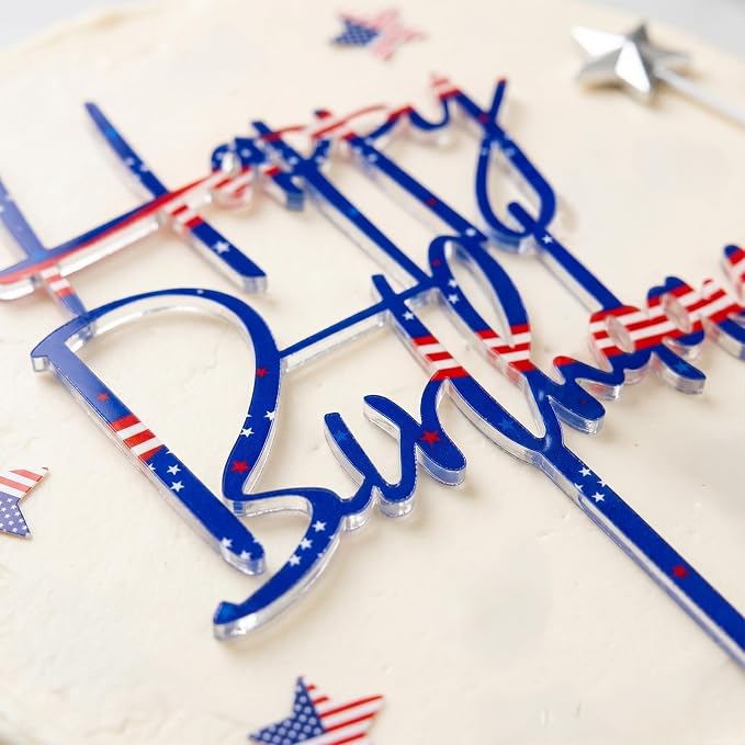 Happy 18th Birthday Cake Toppers, Patriotic Themed Acrylic Cake Decorations with 5pcs Star for Boys Girls Men Women Birthday Anniversary Party Decor Supplies