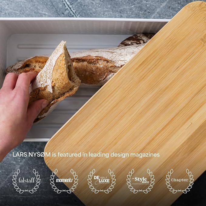 LARS NYSØM Bread Box I Metal bread box for long lasting freshness with non-slip pads I Baked goods Bin with bamboo lid usable as cutting board I 13.6x7.3x6.2in (Cream Beige)