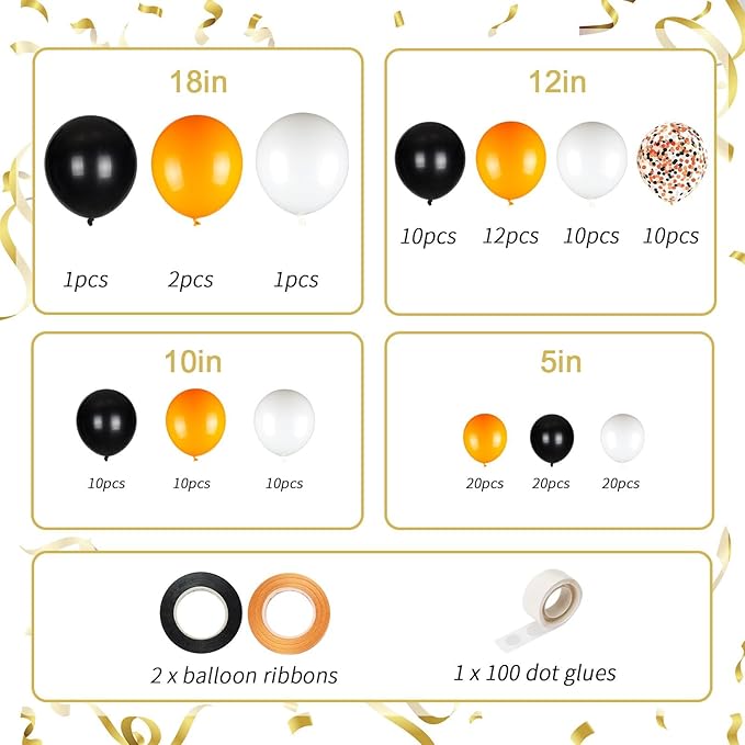 136pcs Black Orange White Balloon Garland Kit - 18/12/10/5 Inch Confetti Balloon Arch Set for Halloween, Birthday, Graduation Party Decorations