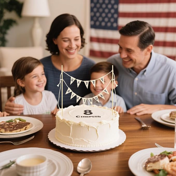 Ivory Happy Birthday Cake Banner Topper - Handmade Pennant Flags Garland with Natural Wood Pole, Party Decor for Cakes Decorations Supplies