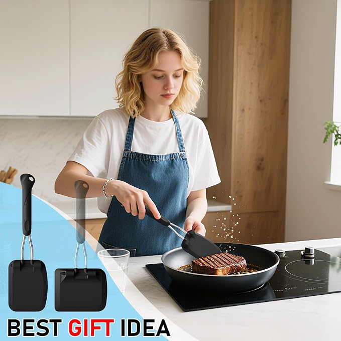 MFTEK Silicone Spatula Set, Eggs Flipper, Adjustable Angle Spatula Turner for Pancake, Fish, Burger, Swappable 2 Size Spatula Heads, Flexible, Heat-Resistant (Black)