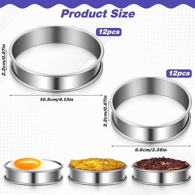 SHENLIU 24 Pcs Baking Rings for Cookies, Stainless Steel Cookie Rings for Baking 3 Inch and 4.13 Inch, Nonstick Tart Ring Molds Silver, 3.39 x 0.87 In & 4.13 x 0.87 In