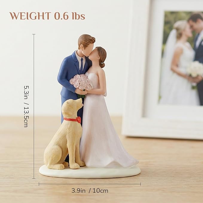 Storieme Bride Groom Cake Topper: Couple and Pet Dog Resin Figurine with Secure Base - Newlyweds Family Gifts for Wedding Anniversary & Engagement