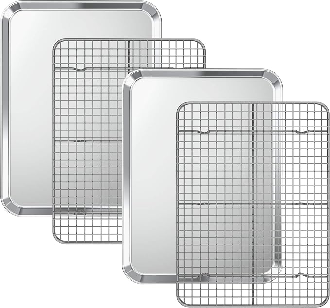 Baking Sheet with Cooling Rack Set [2 Sheets + 2 Racks], Deedro Stainless Steel Cookie Half Sheets Baking Pan Oven Tray with Rack, 16 x 12 x 1 Inch, Heavy Duty, Non-toxic, Dishwasher Safe