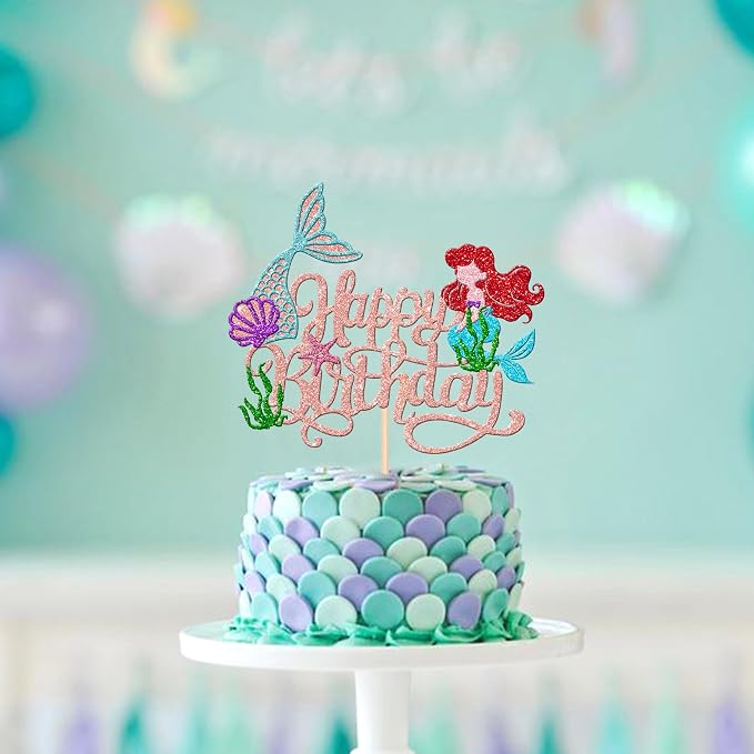 1 PCS Mermaid Cake Topper Glitter Mermaid Happy Birthday Cake Pick Starfish Seawood Seashells Mermaid Tail Cake Decoration for Under the Sea Theme Baby Shower Birthday Party Supplies Rose Gold