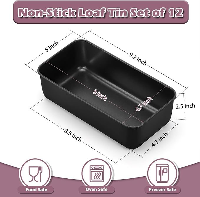 P&P CHEF Loaf Pan Set, 9 x 5 Inch Bread Pans, Stainless Steel Loaf Toast Baking Pans For Bread Meatloaf Lasagna Cake, Healthy & Non Toxic, Oven Safe& Easy Clean, (Black, 12Pcs)