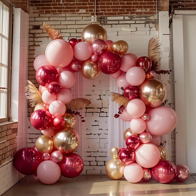 PartyWoo Red Pink and Gold Balloons, 140 pcs Ruby Red Pink and Chrome Gold Balloons Different Sizes Pack of 18 Inch 12 Inch 10 Inch 5 Inch for Balloon Garland or Arch as Birthday Party Decorations