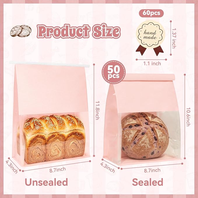 Funcoo 50 Paper Bread Bags with Tabs for Homemade Sourdough Bread, 8.7x4.3x11 Inches Pink Bakery Bread Bags with Window/Tin Tie Tab Lock, Large Bakery Loaf Bag for Baked Goods Packaging