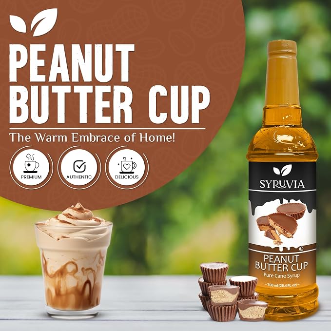 Syruvia Coffee Syrup, Peanut Butter Cup Flavored Syrup for Drinks, Lattes, and Desserts – 25.4 fl oz - with Pump