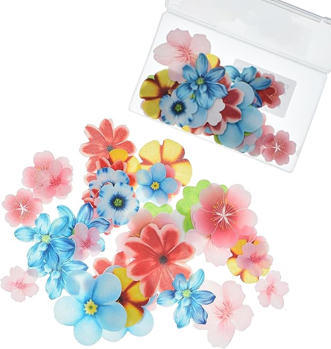 YOcity 35Pcs Edible Flowers Cake Toppers Edible Flowers Cupcake Topper Luau Hawaii Wafer Paper Flower Cake Decorations for Wedding Birthday Baby Shower Party Supplies Mixed Size & Colour