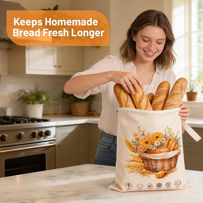Reusable Bread Bags for Homemade Bread 2 Pack, L-shaped Zipper Beeswax Bread Bag for Easy Access, Keeps Bread Fresh Longer, Freezer Safe Breathable Cotton Beeswax Bread Bags for Sourdough