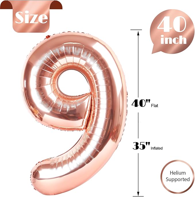 Rose Gold Number 9 Balloon 40 Inch, 9th Birthday Party Decorations for Children, Giant 9 Foil Balloon for Party Supplies