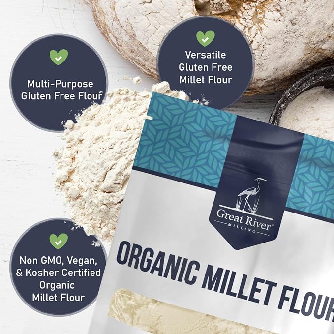 Great River Milling Organic Millet Flour | USDA Organic, Naturally Gluten Free, Non-GMO, Vegan, Kosher | Mild, Nutty Flavor for Baking, Flatbreads, Pancakes & Porridge | 5 Lb