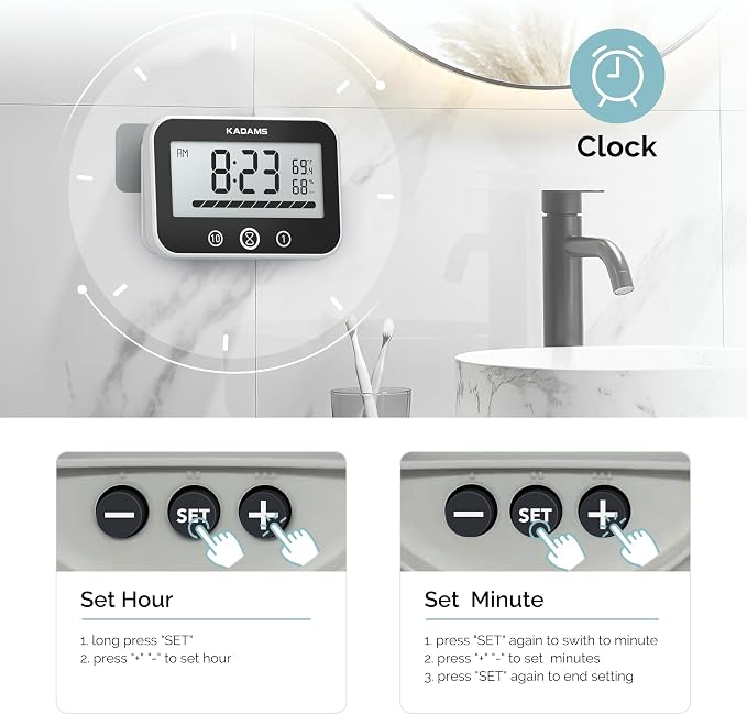 KADAMS Shower Timer Clock Waterproof Bathroom Timer – Digital Wall Clock with Countup Countdown, Magnetic Kitchen Timer Clock Temperature, Suction Cup Kids Shower Spa Cook Bath (Black, Rectangular)