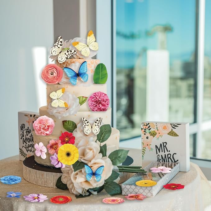 108PCS Edible Flower Cupcake Toppers Wafer Paper Butterfly Floral Baby Shower Cake Decorations Edible Spring Flower Cupcake Toppers for Floral Theme Birthday Party Decoration
