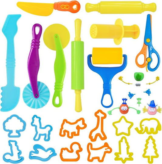 Dough Tool Set, 28 Pcs Basic Dough Tools Kits for Kids, Dough Accessories Includes Cutters Roller, Rolling Pins, Safety Scissors, Plastic Knife