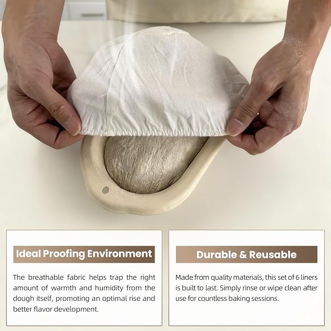 6 Pack Elastic Bread Proofing Basket Covers - Premium Linen & Cotton Liners for 8 inch Oval Sourdough Banneton, Non-Stick, Breathable Fermentation Cloth for Sourdough & Artisan Baking