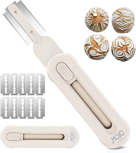 MOJOHAND Bread lame for Dough, Magnetic & Reusable Bread Lame Dough Scoring Tool, Anti-Slip Handle with Long Retractable Razor blades, Sourdough Scoring tool for Bread Making(Off-white)