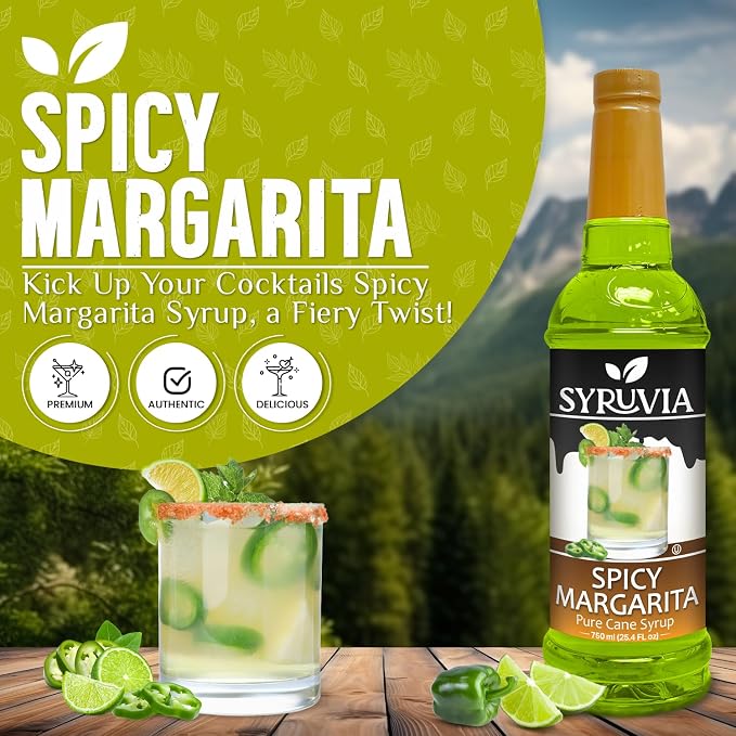 Syruvia Spicy Margarita Syrup, Flavored Syrup for Cocktails, Drinks, Lemonades, Iced Teas, and Desserts – 25.4 fl oz - with Pump