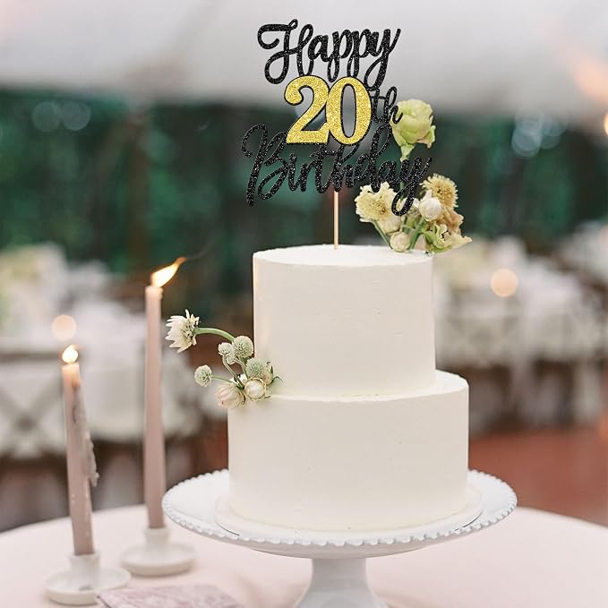 1 PCS Happy 20th Birthday Cake Topper Black Gold Glitter Cheers to 20 Years Birthday Cake Pick 20 Fabulous Cake Decoration for Happy 20th Birthday Anniversary Party Decorations Supplies