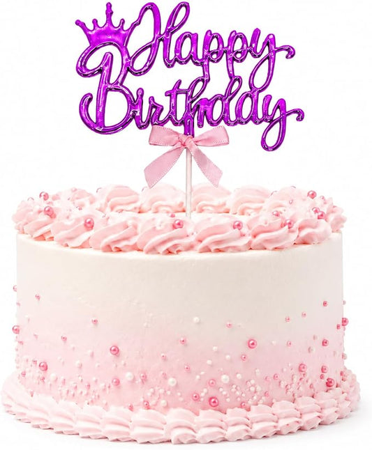 Purple Acrylic Happy Birthday Cake Topper with Crown and Bow | Glossy purple acrylic script with crown and bow adds an elegant finishing touch to birthday cakes and celebration desserts.