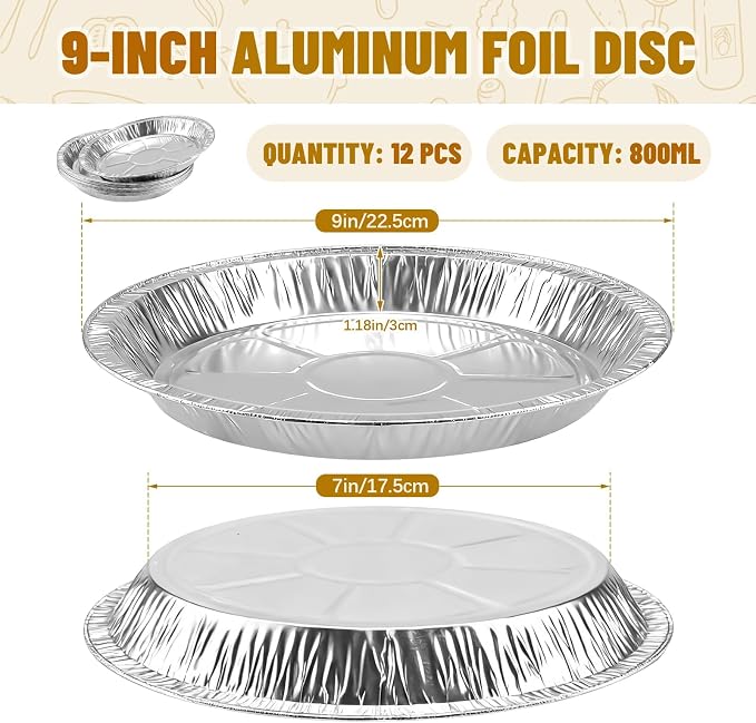 9 Inch Pie Pans Disposable (12 Pack) - Heavy-Duty Aluminum Foil Pie Tins, Standard Baking Tin Plates for Pies, Quiches, Desserts, Oven Safe & Easy Cleanup