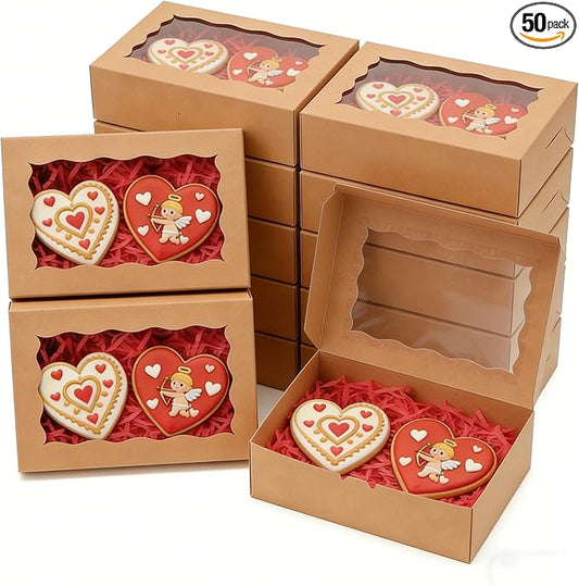 XINHPKGG 50 Pcs Cookie Boxes 7" x 4 3/8" x 1 1/2" Inch Bakery Boxes with Window Treat Box Dessert Box for Wedding Party Mother's Day - Brown