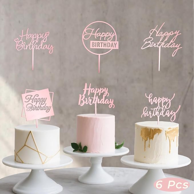 6-Pack Acrylic Birthday Cake Toppers, Mirror Pink Happy Birthday Sign for Cake Decorations