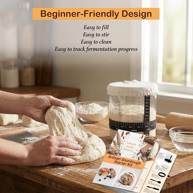 Premium Sourdough Starter Jar Kit - 50oz Large Wide Mouth Glass Jar with Bamboo Lid,Cloth Cover, Date Tracker, Thermometer, Silicone Non-Slip Mat & Scraper, Sourdough Bread Baking Supplies