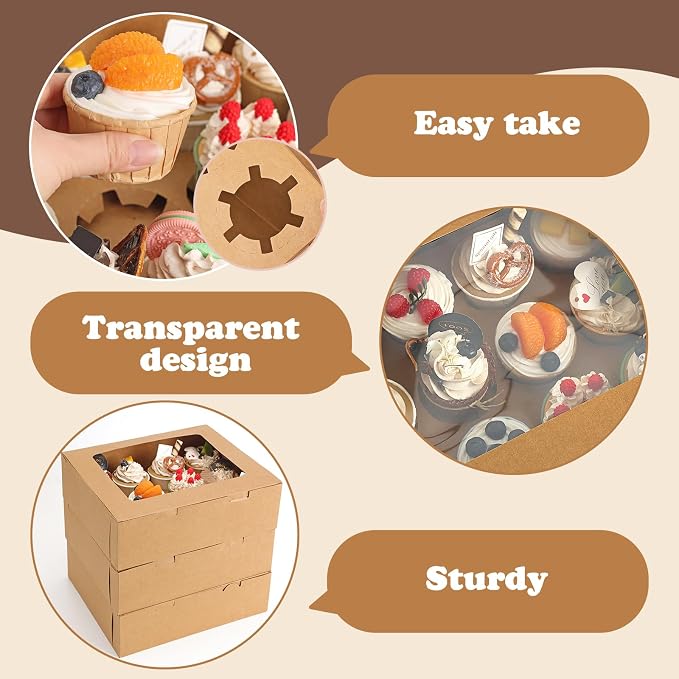 Moretoes 3 Pack Cupcake Boxes, Hold 12 Standard Cupcakes, Cupcake Containers with Window and Inserts,Bakery Supplies for for Cupcakes, Muffins and Pastries(Brown)