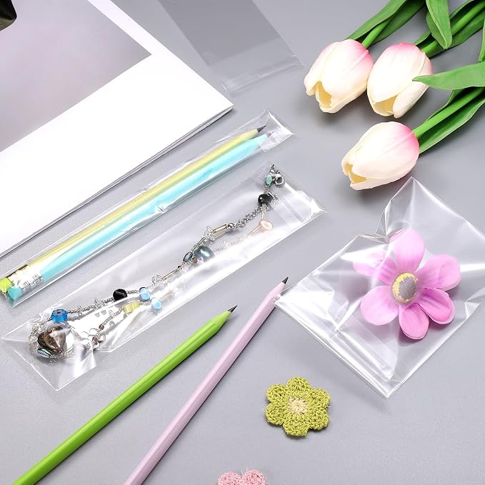 uxcell 200Pcs Self-Sealing Cello Bags, 1x10 Inch Long Clear Flap Resealable Poly Bags, OPP Adhesive Treat Bag 2 Mil for Bread Pretzel, Gift Packaging, Tableware, Necklaces Crafts