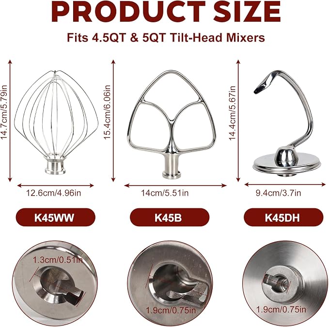 3-Piece Stainless Steel Mixer Attachment Kit for KitchenAid 4.5 and 5 QT Tilt-Head Stand Mixers, Includes K45WW Wire Whip, Dough Hook & K45B Flat Beater, Dishwasher Safe | Dishwasher Safe