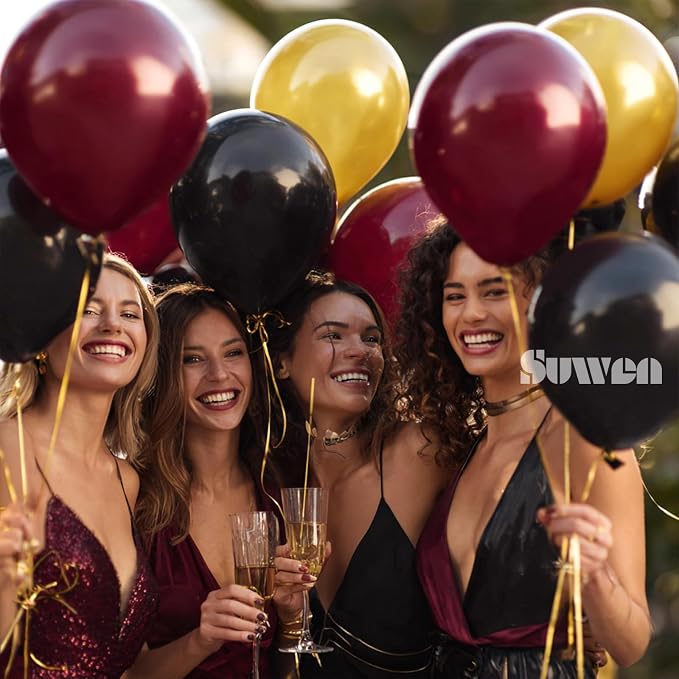 SUWEN Maroon and Gold Balloons, 60Pcs 12inch Burgundy Metallic Gold and Black Latex Balloons Kit for Birthday Graduation Anniversary Party Decoration