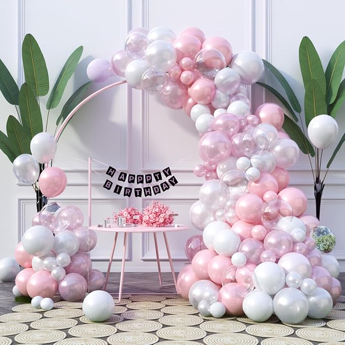 FunHot Pink White Balloon Arch Kit, Pink Balloon Garland, Double Stuffed Pearl Pink Matte White Balloons Large Clear Balloons for Girls Baby Shower Wedding Bridal Shower Birthday Party Decoration