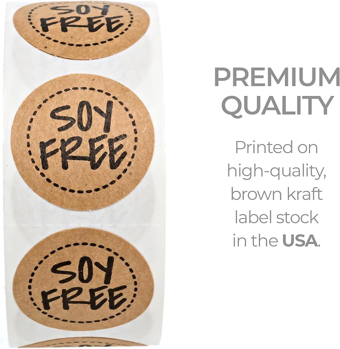 Brown Kraft Soy Free Stickers / 500 Circle Restaurant Packaging Labels / 1" Small Circle Modern Food Prep Label/Chic No Soy Food Safety Seals/Made in The USA