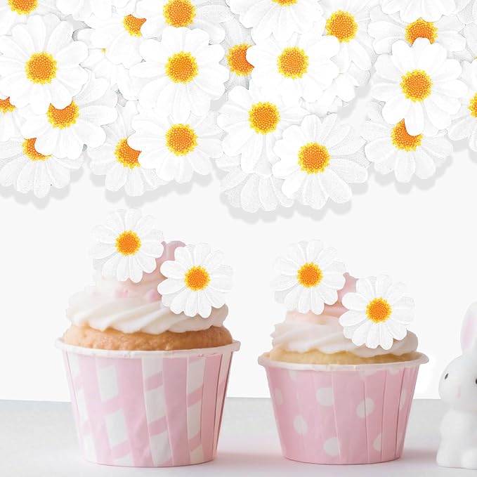 40Pcs Daisy Cake Decorations Edible Flower Cupcake Toppers Wafer Paper Edible Cake Decor White Daisy Flower Cupcake Picks for Birthday Wedding Bridal Baby Shower Party Decoration Supplies